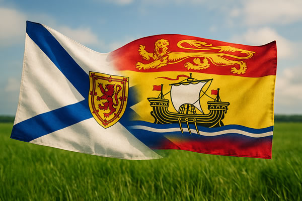 Blended image of the Nova Scotia and New Brunswick flags on a grassy background