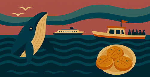 Artistic Rendering of Digby attractions including a whale watching boat, scallops, a ferry and a breaching whale.