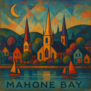 Artistic rendering of Mahone Bay showing the 3 Church Spires, Nova Scotia