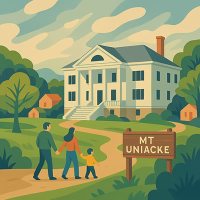 Welcome sign for Mount Uniacke, showing Uniacke house in Nova Scotia, rendered in warm tones.