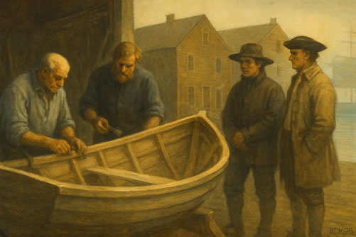 Artistic rendering of a dory builder, his apprentice, and people watching them work.