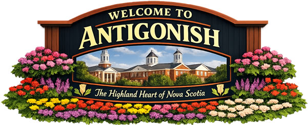 Welcome sign for Antigonish, Nova Scotia
