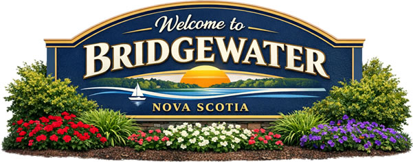 Welcome sign for Bridgewater, Nova Scotia